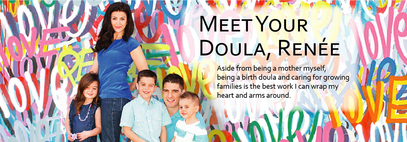 Slide showing doula, Renée Pizzuto, her husband and two children in front of a graphitti mural